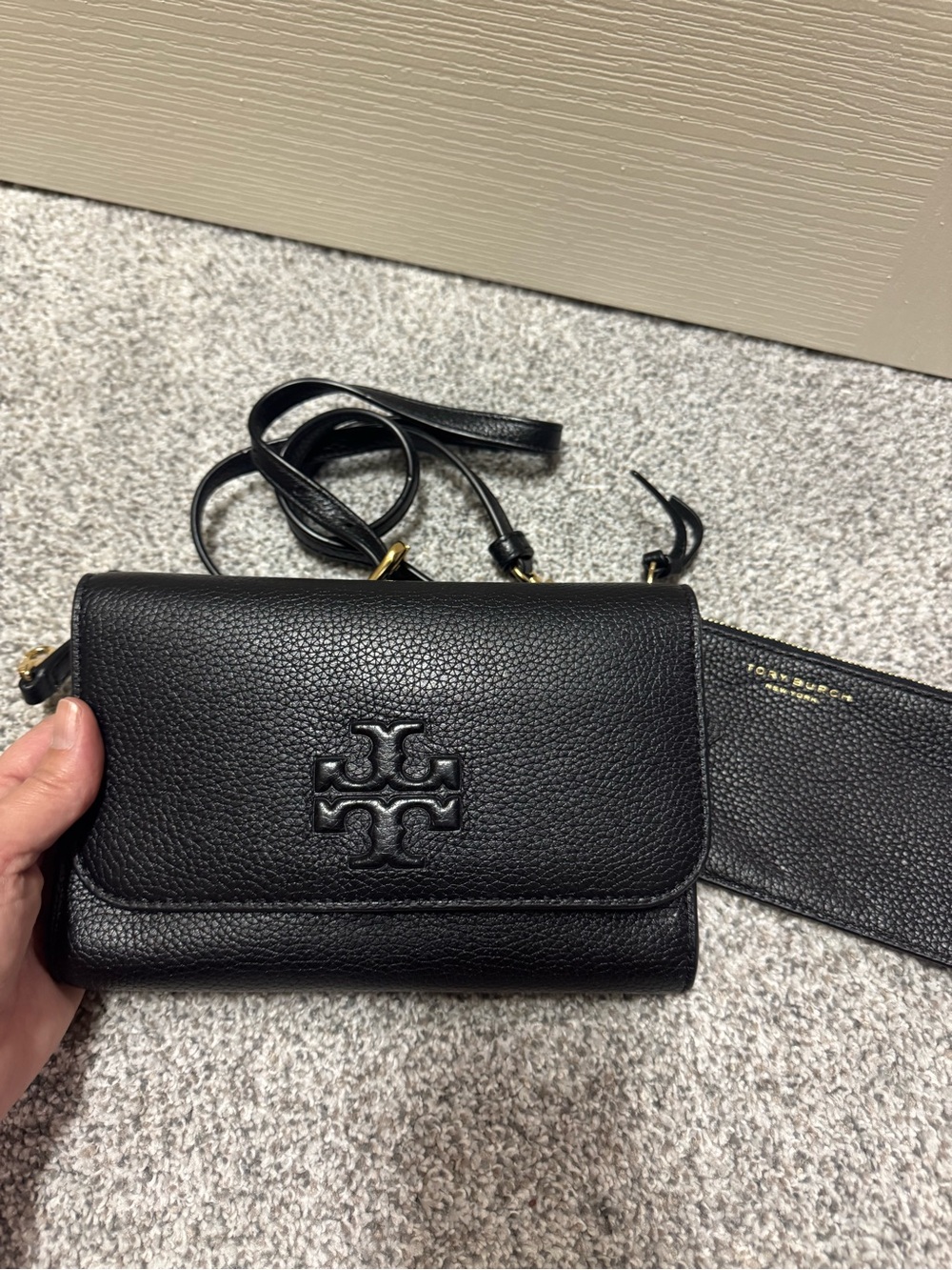 Tory Burch Black Pebbled Leather Crossbody Wallet with Logo